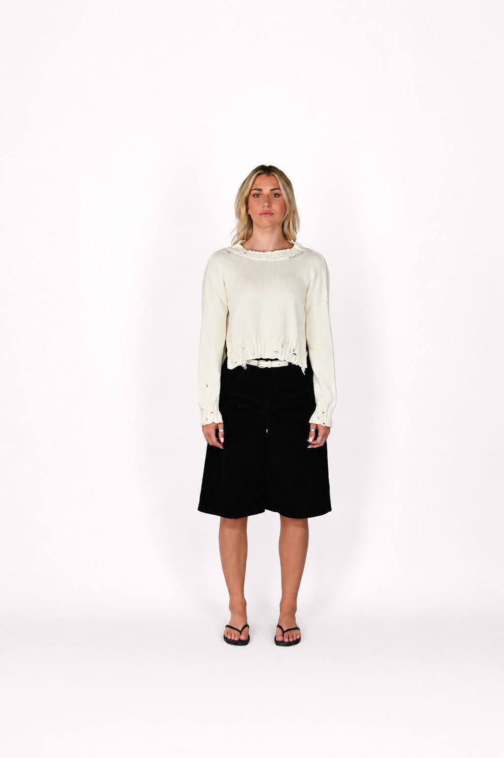 White Distressed Cropped Sweater