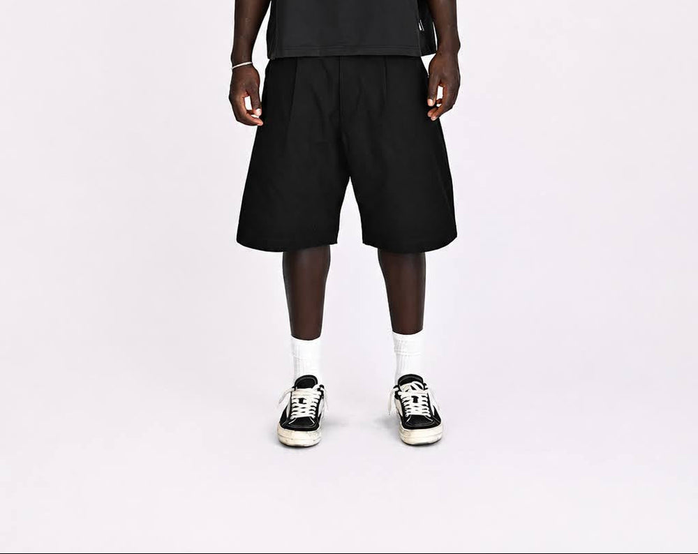 Black Pleated Cotton Shorts