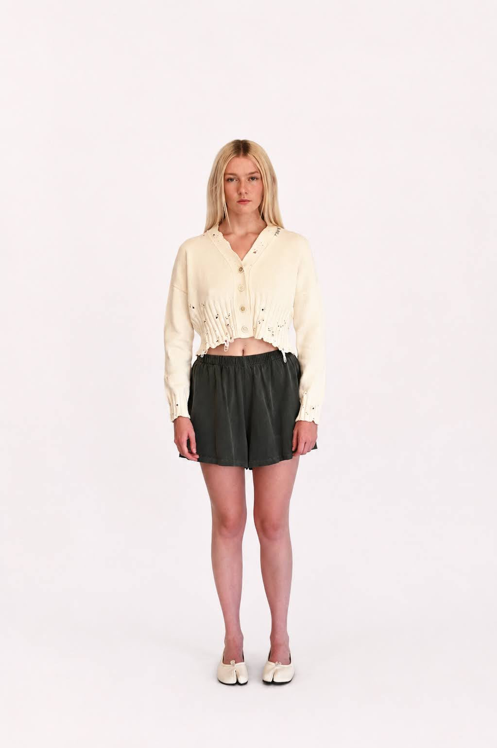 White Disheveled Cotton Cropped Cardigan
